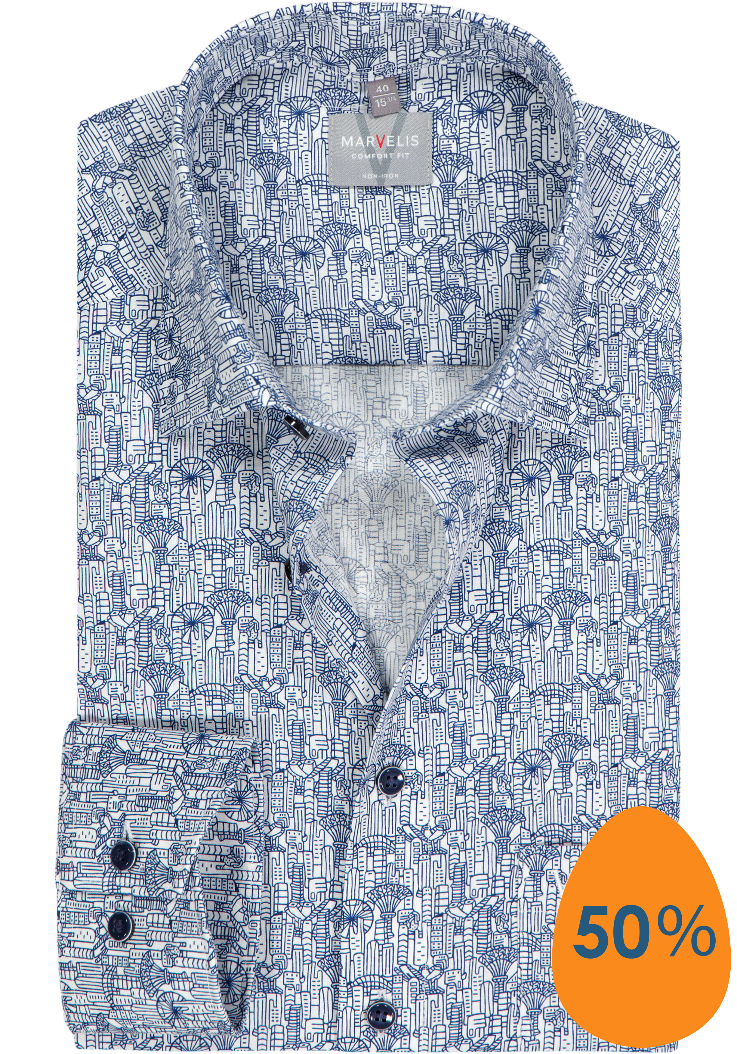 MARVELIS comfort fit overhemd, popeline, donkerblauw met wit dessin